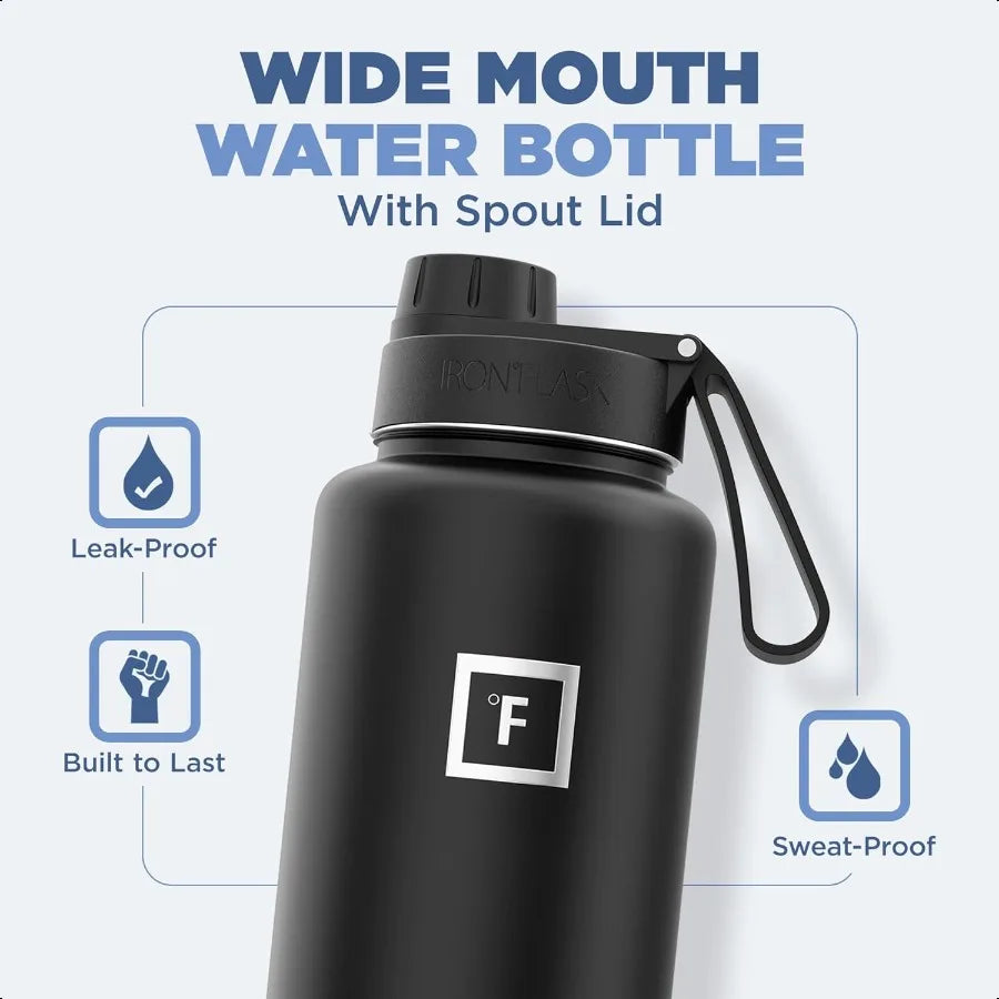 Stainl Steel Water Bottle Hydration Flask 40 oz Midnight Black with 3 Lids