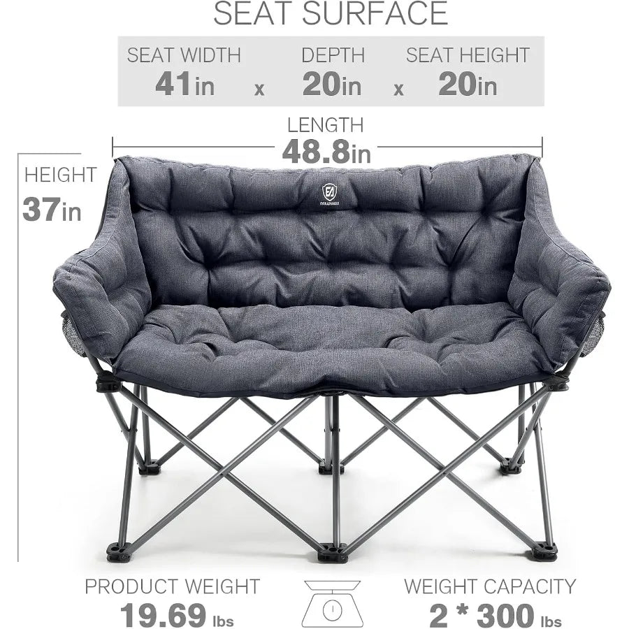 Double Camping Chair For Adults Padded Folding Two Person Love Seat Side Pocket