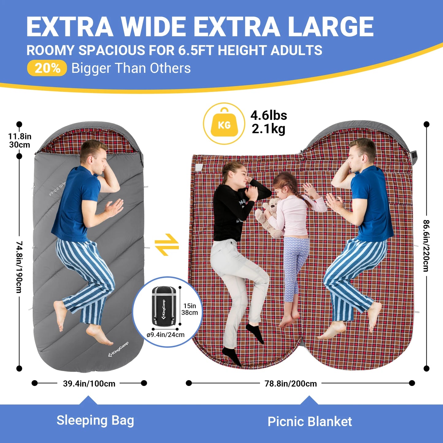 KingCamp Waterproof Flannel Sleeping Bag For Adults XL