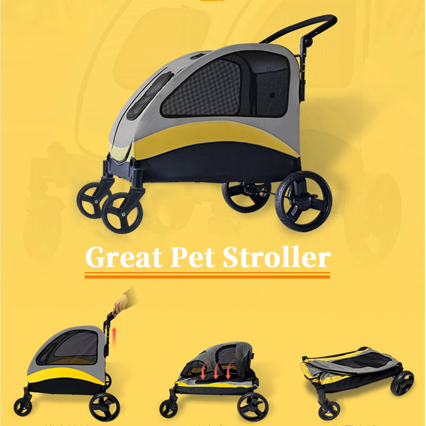 Portable Dog Stroller 4 Wheels Foldable Breathable Carrier For Large Dogs Travel
