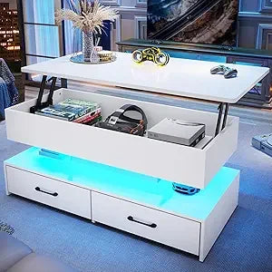 MKDK Lift Top Coffee Table With Storage White 2 Drawers