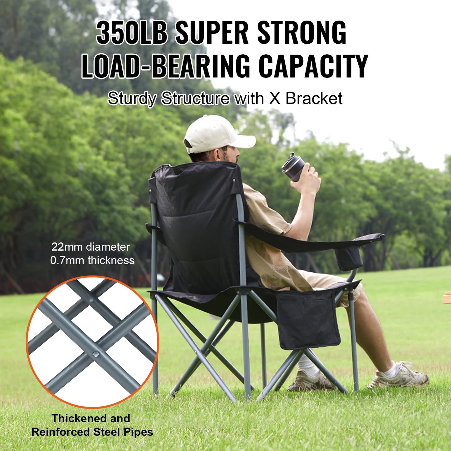 Camping Folding Chair For Adults Portable Quad Lumbar Padded With Side Pockets