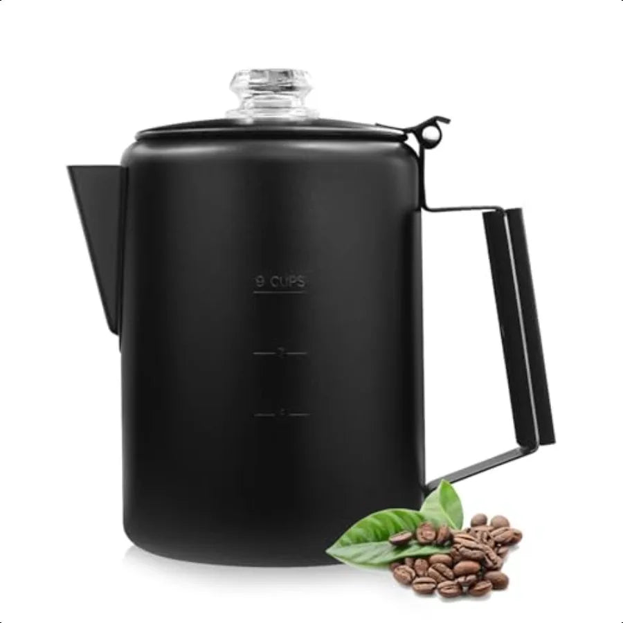 Stainless Steel 9 Cup Coffee Percolator For Stovetop Camping Black Outdoor Home Use No Aluminum Or Plastic