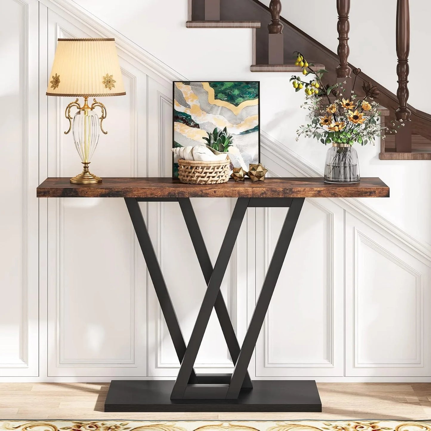 Industrial Console Table 43 Inch Narrow Sofa Entryway Table Rustic Brown