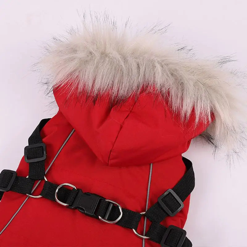 Autumn Winter Warm Dog Jacket With Harness Hooded Padded Coat Imitation Fur Hat