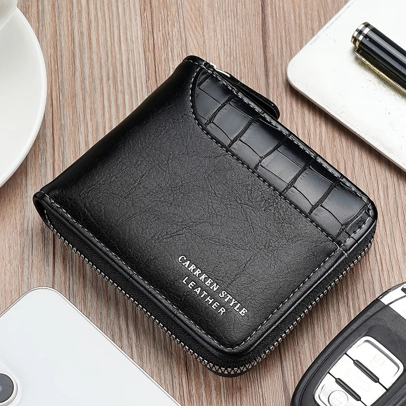 New Short Men Zipper Wallet With Coin Pocket Luxury Patchwork Stone Pattern Retro Purse Quality ID Card Holder For Men