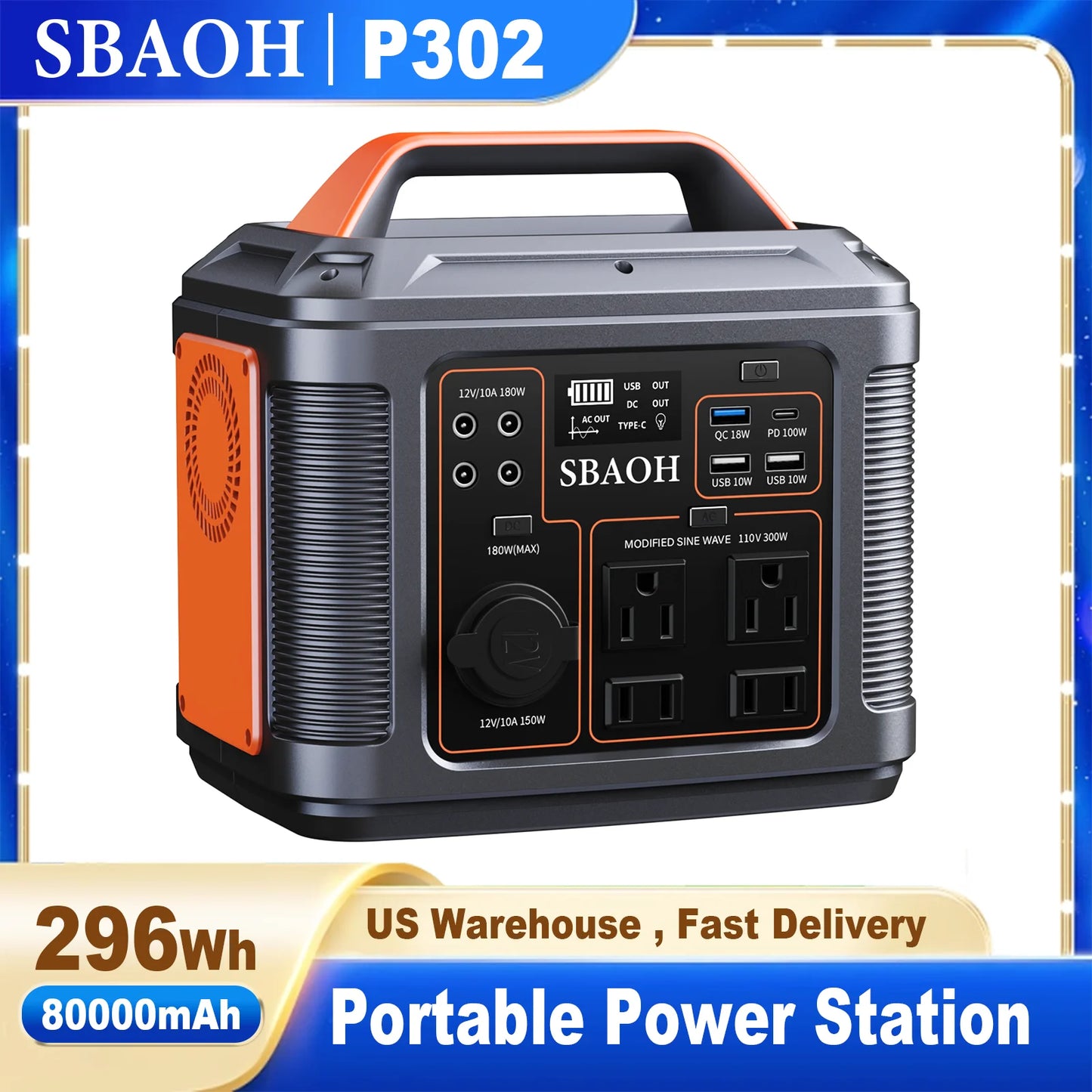 SBAOH P302 Portable Power Station 296Wh 300W Solar Generator With AC Outlet Lithium Battery For Camping Outdoor RV