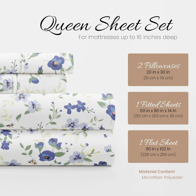 4 Piece Queen Sheet Set (Light Blue Floral) - Sleep Better Than Ever with These Ultra-Soft & Cooling Bed Sheets