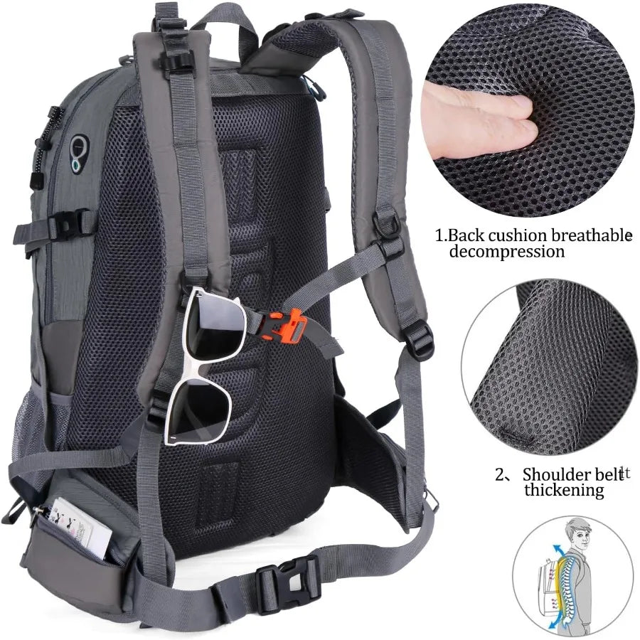 40L Waterproof Hiking Backpack For Men Women Outdoor Gray
