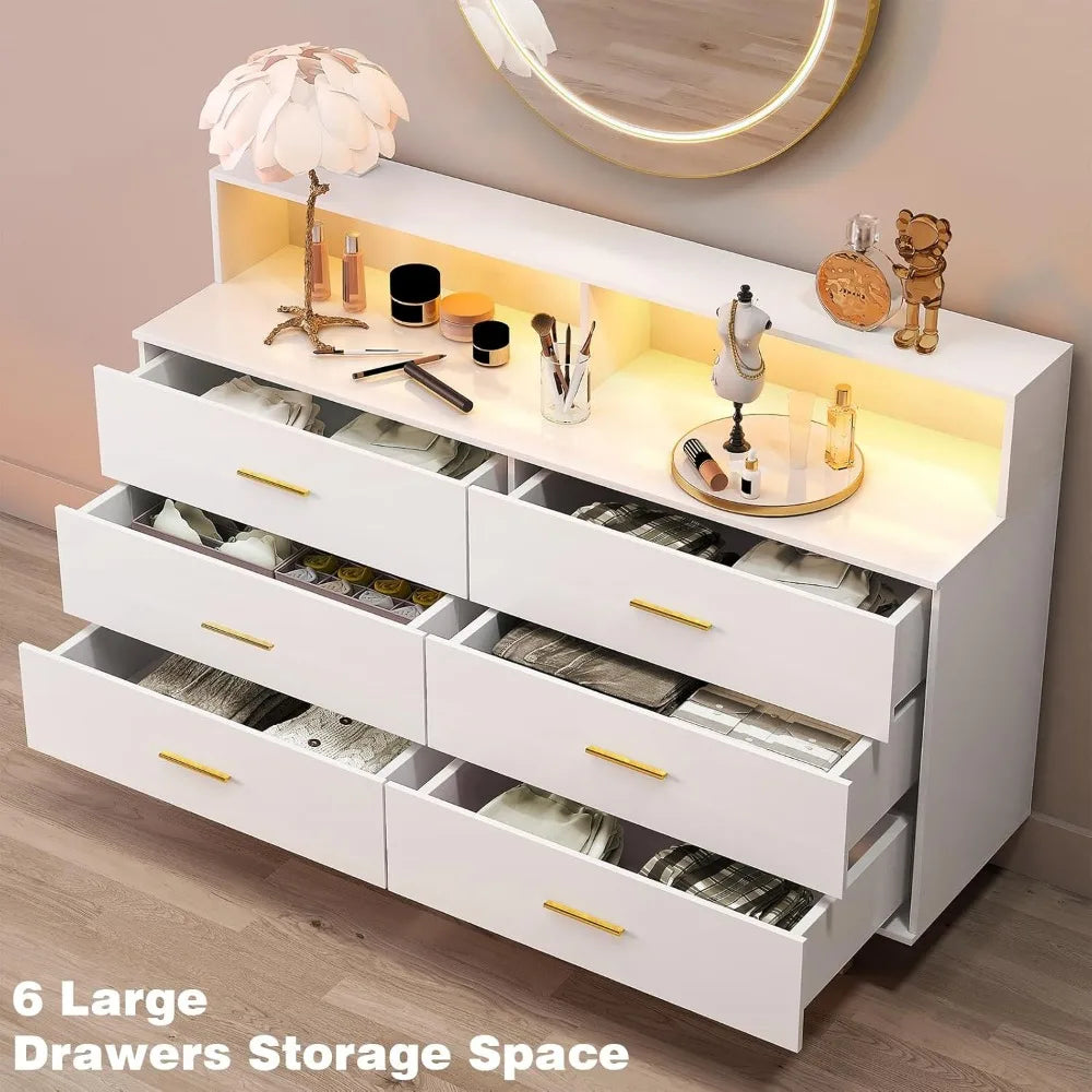 6 Drawer Dresser With LED Light And Power Outlet In White Wood For Bedroom