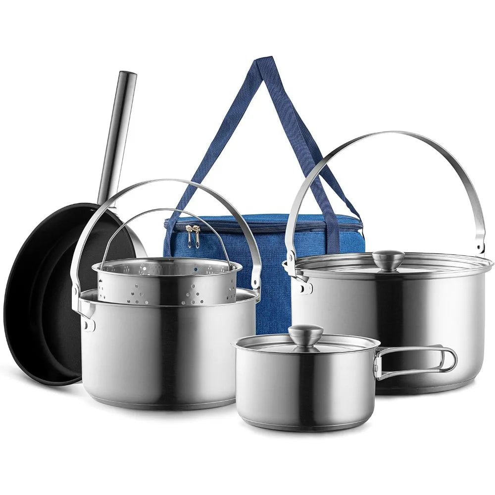 Camping Cookware Set 304 Stainless Steel 8 Piece Pot And Pan With Travel Tote