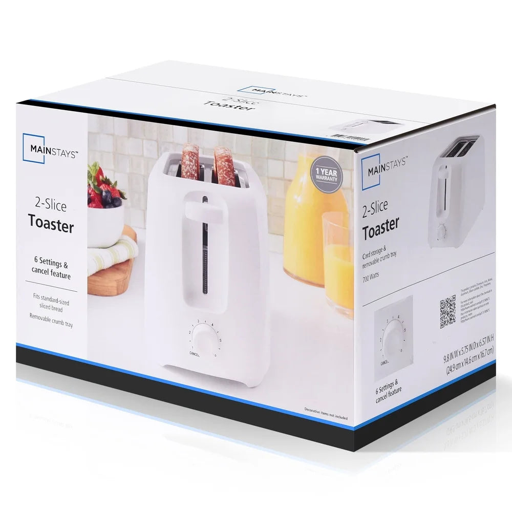 2-Slice Toaster with Adjustable Shade Self-Centering Guides Removable Crumb Tray Cord Wrap Easy Cleanup Perfect Breakfast Snacks