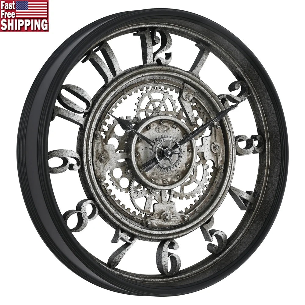 20 Inch Rustic Gear Analog Wall Clock Steampunk Quartz