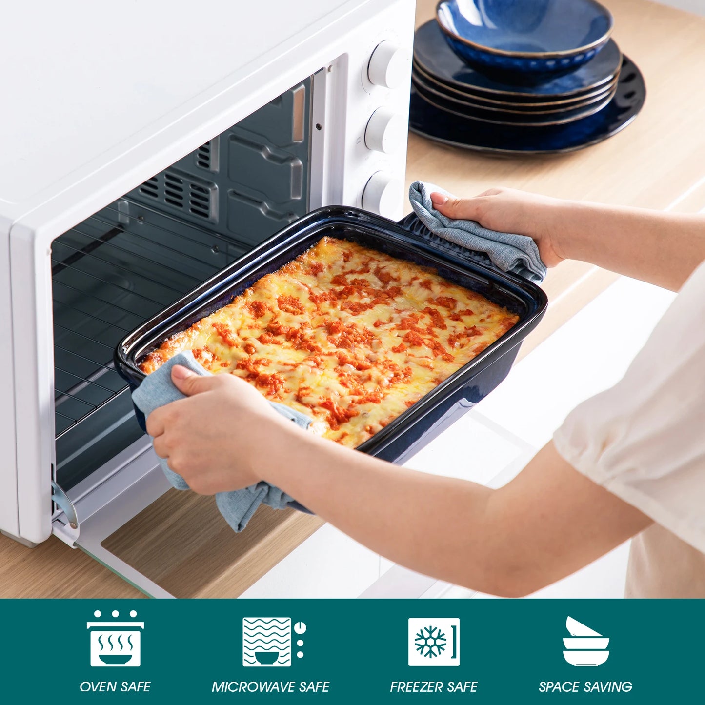 Vancasso Starry Blue Ceramic Casserole Dish With Lid 3.8 And 1.9 Qt Stoneware Microwave Safe Lasagna Pan