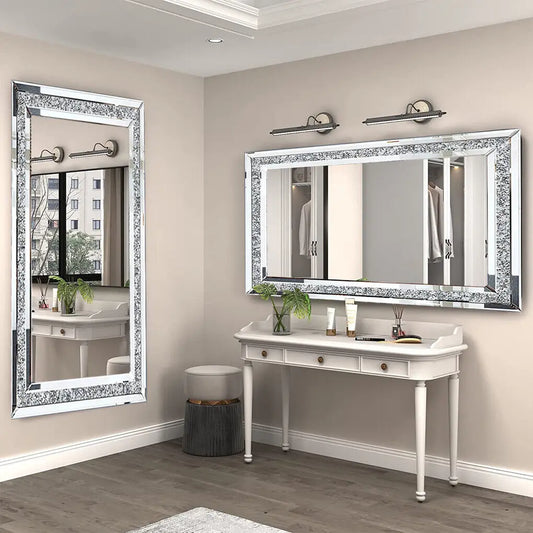 LUVODI Frameless Silver Vanity Mirror With Rhinestones