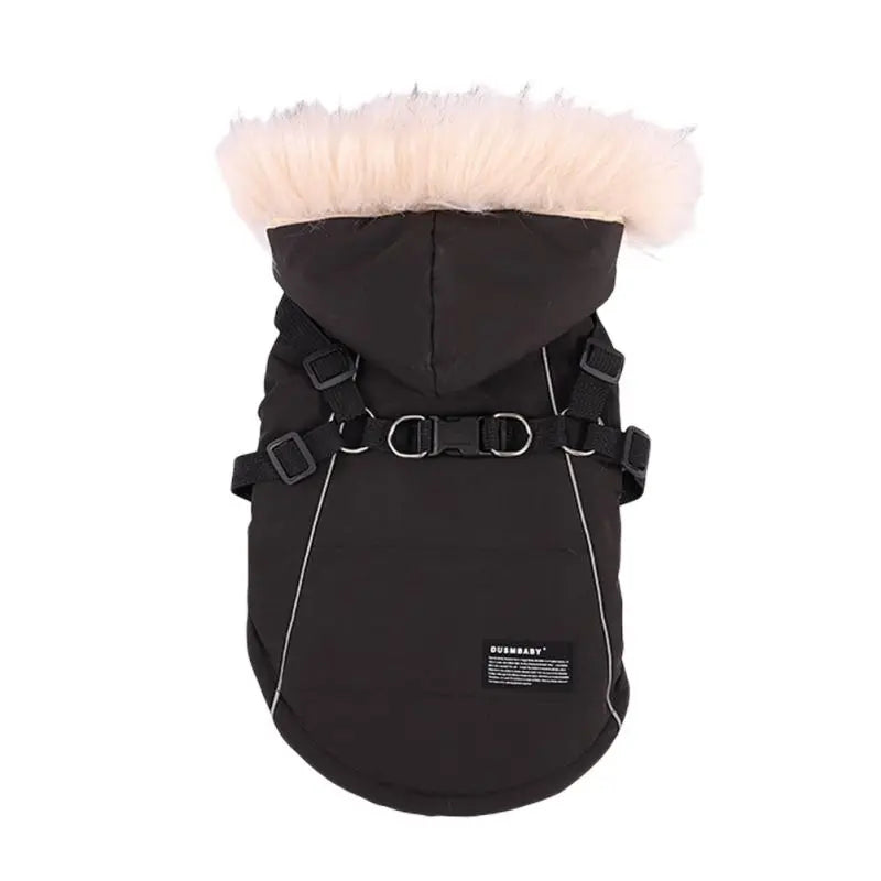 Autumn Winter Warm Dog Jacket With Harness Hooded Padded Coat Imitation Fur Hat