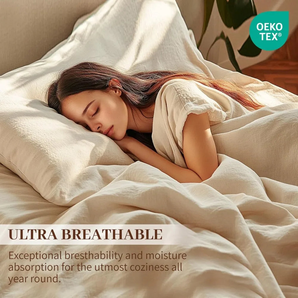 Meishang 100 Linen Sheets Queen Size 4 Piece Set Breathable