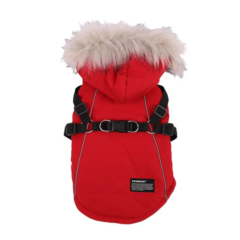 Autumn Winter Warm Dog Jacket With Harness Hooded Padded Coat Imitation Fur Hat