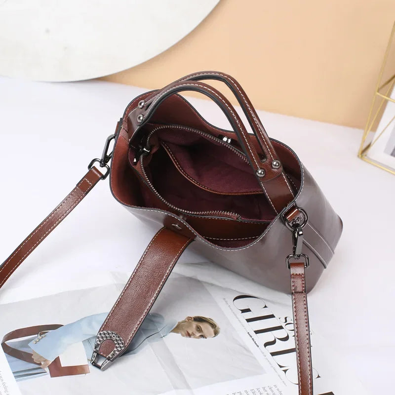 Real Oil Wax Leather Cowhide Ladies Bucket Bag Large Capacity Crossbody Tote