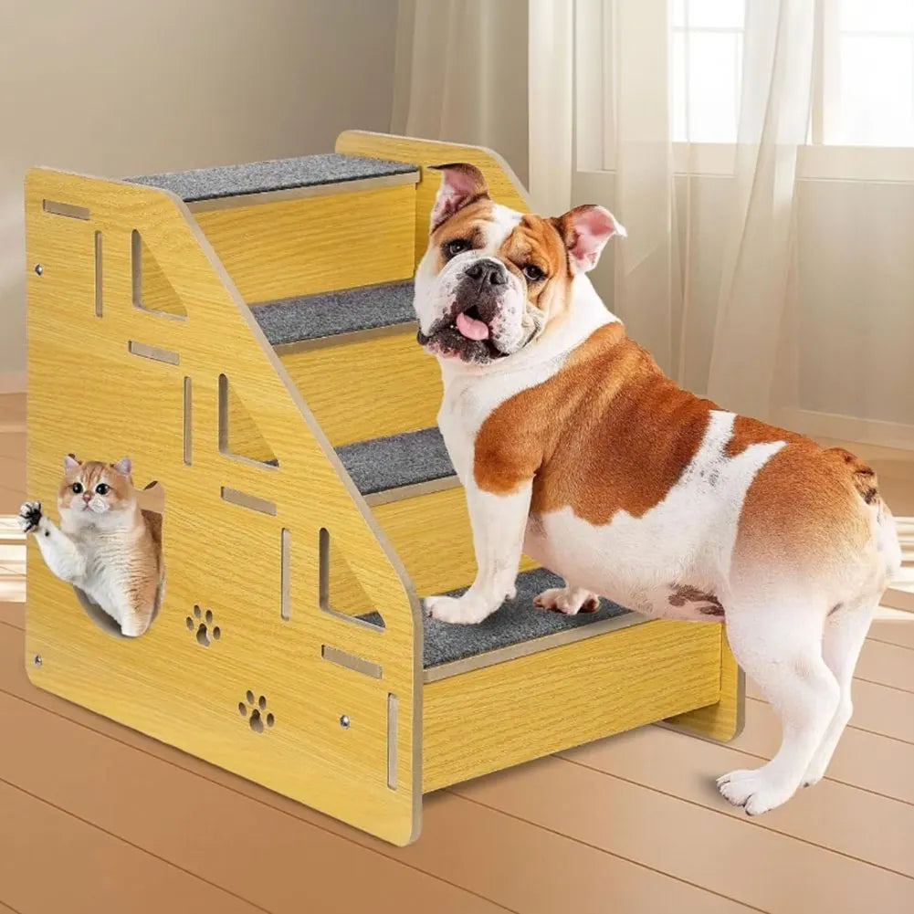 4-Step Wooden Pet Stairs Nonslip Carpeted Indoor Pet Steps Dog Stairs Ramp Wooden Pet Ladder for Dogs and Cats for Bed