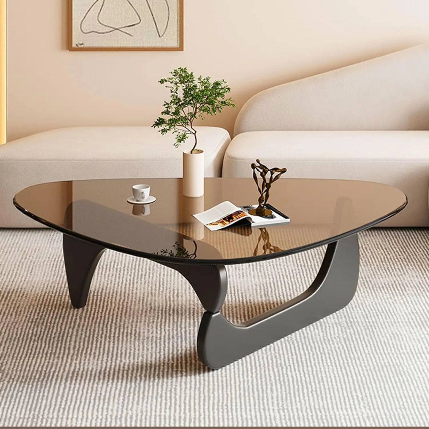 Triangle Glass Coffee Table With Wooden Base Modern