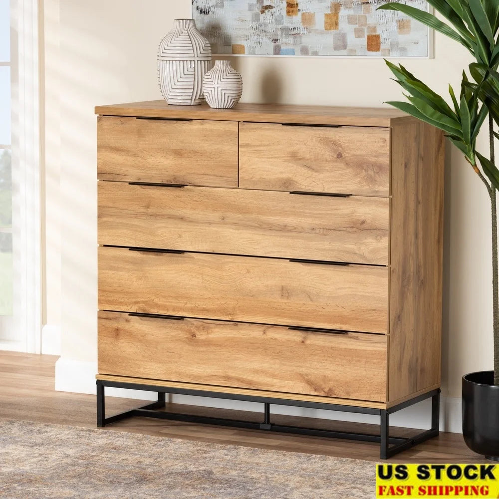 Modern 5 Drawer Storage Chest Engineered Wood Black Legs