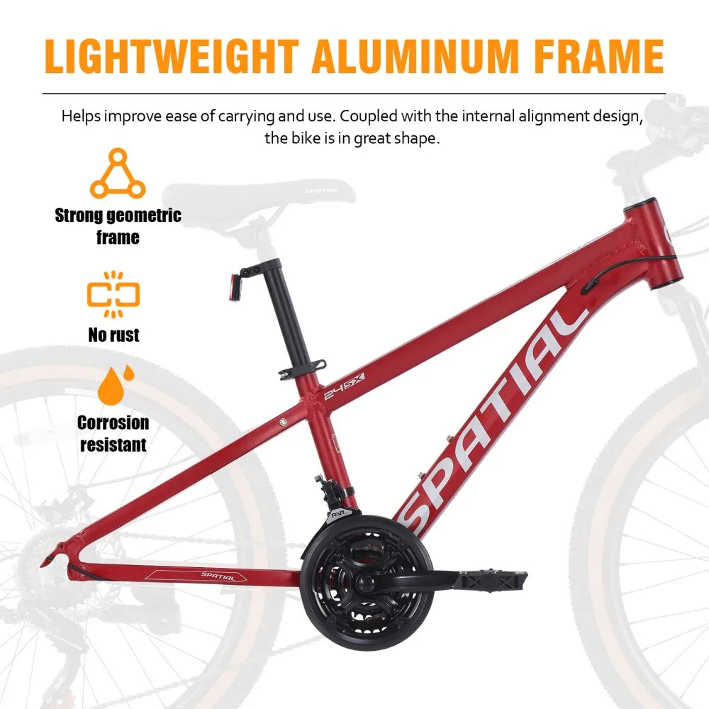 Spatial 24 Inch Mountain Bike 21 Speed Aluminum Frame MTB With Dual Disc Brakes For Teens And Adults