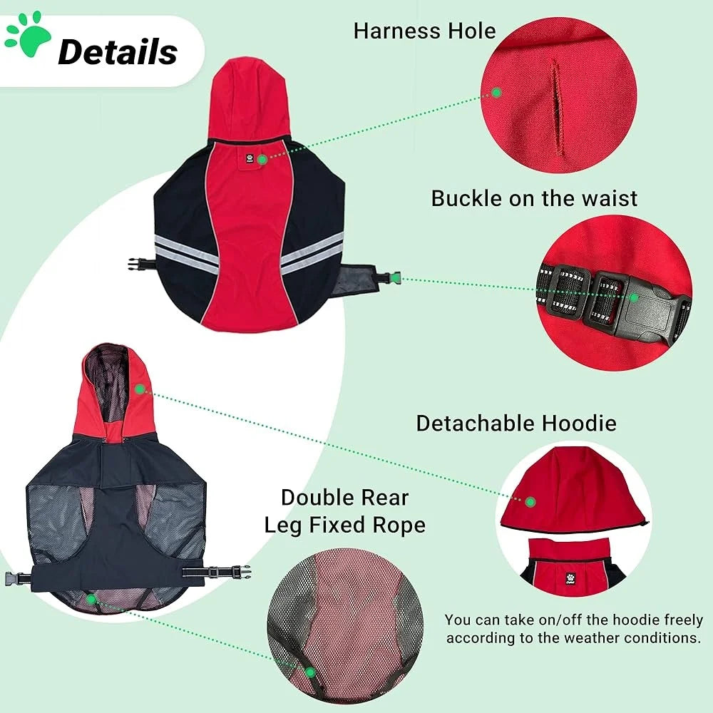 Dog Raincoat Waterproof Full-Body Jacket Reflective Straps Lightweight Hooded Rainwear Medium Large Dogs Safety Outdoor Hiking