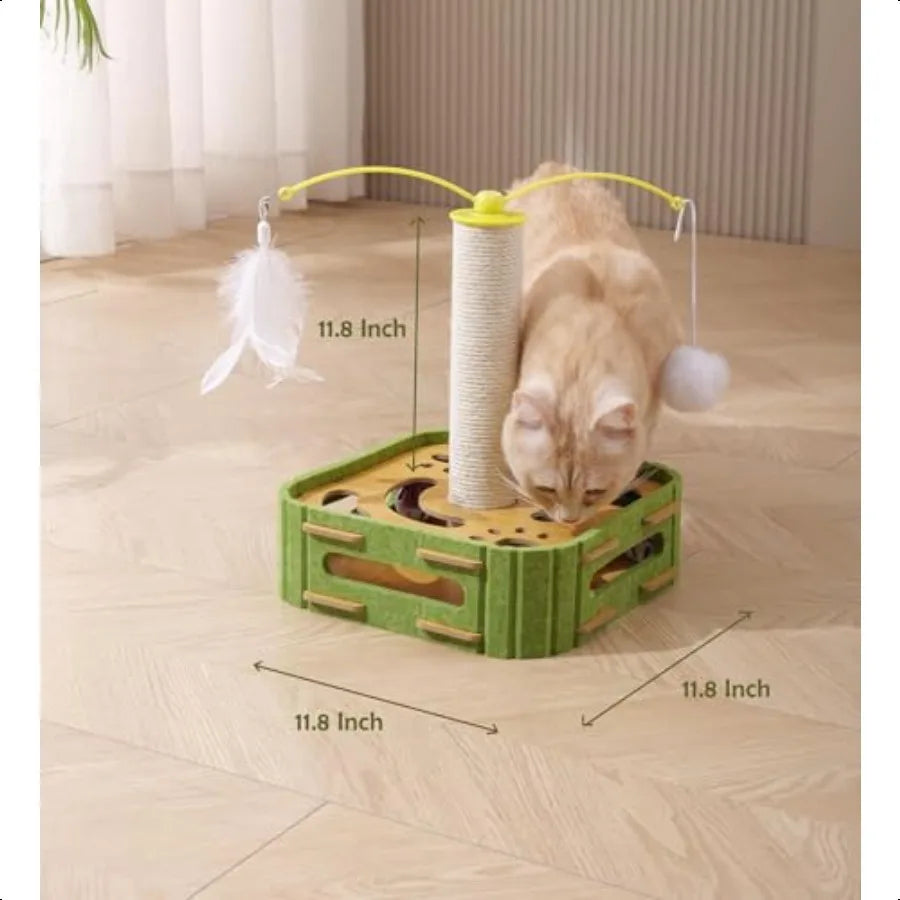 Interactive Cat Puzzle Toy Scratching Post With Spinning Balls For Indoor Cats