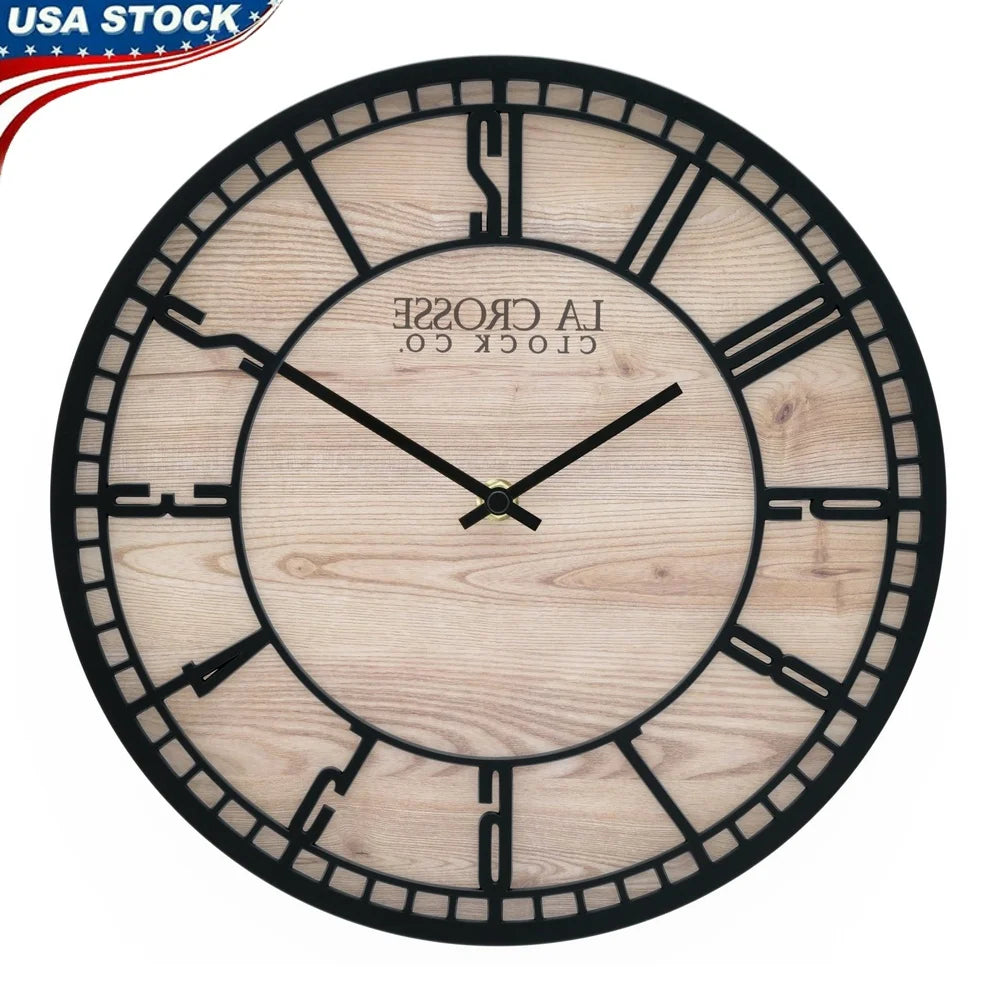 Analog Quartz Wall Clock Faux Wood Background 3D Numbers
