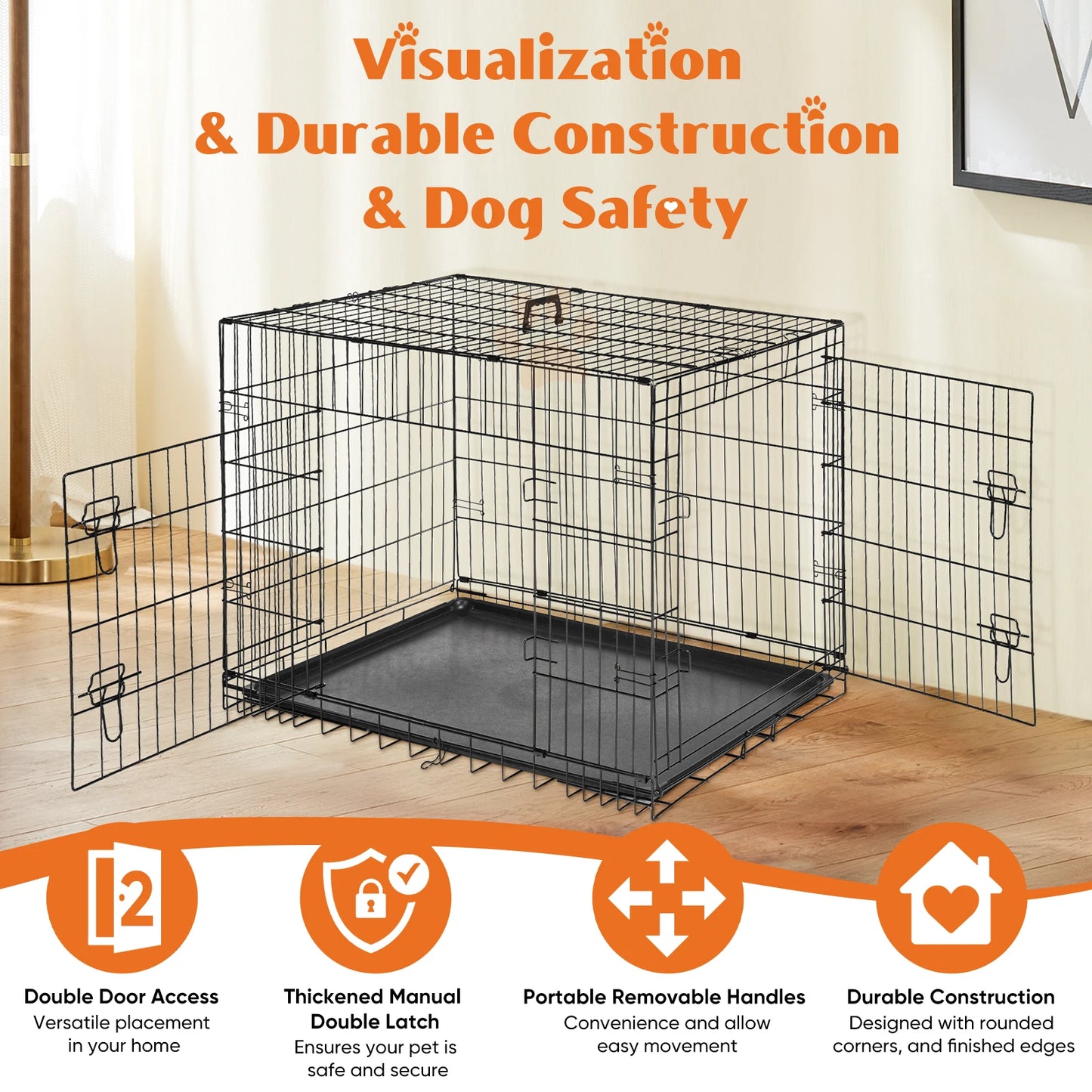 JHK Extra Large Double Door Folding Metal Dog Cage With Pan
