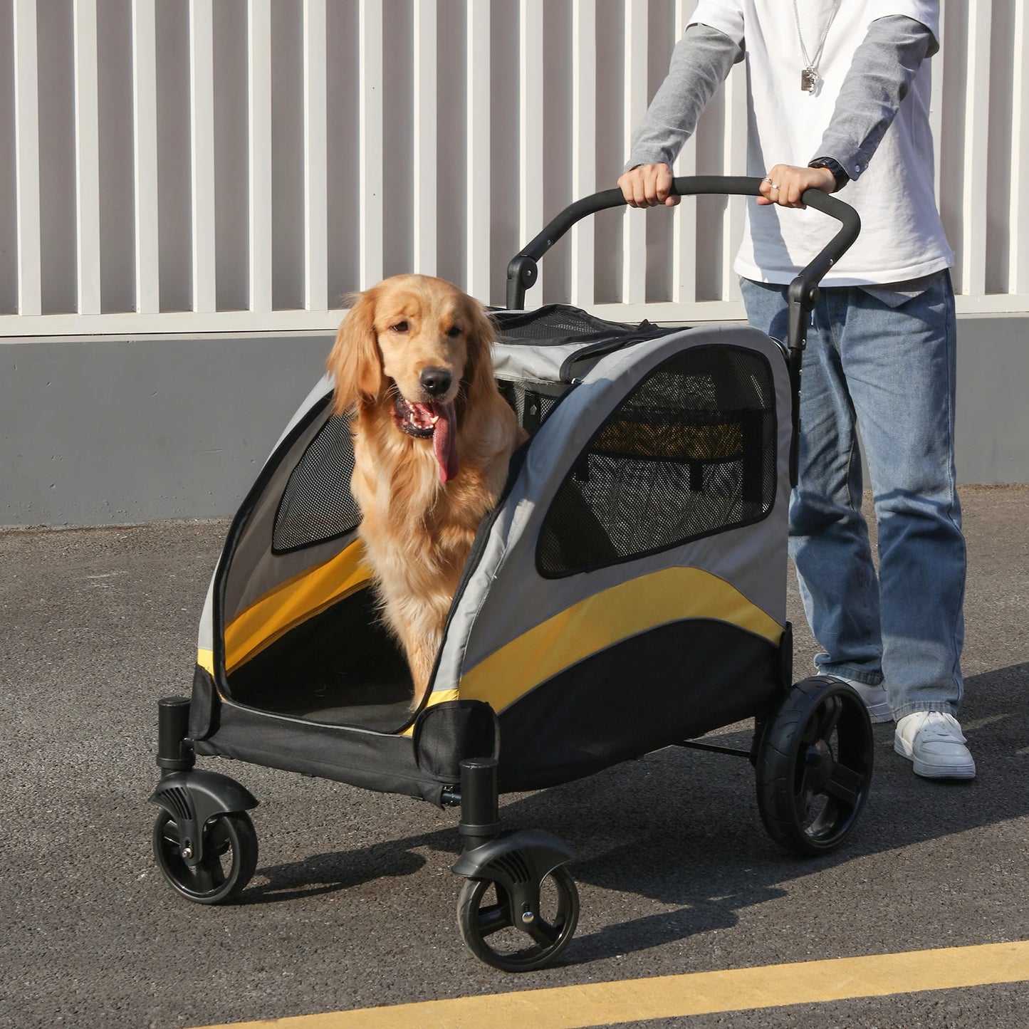 Portable Dog Stroller 4 Wheels Foldable Breathable Carrier For Large Dogs Travel