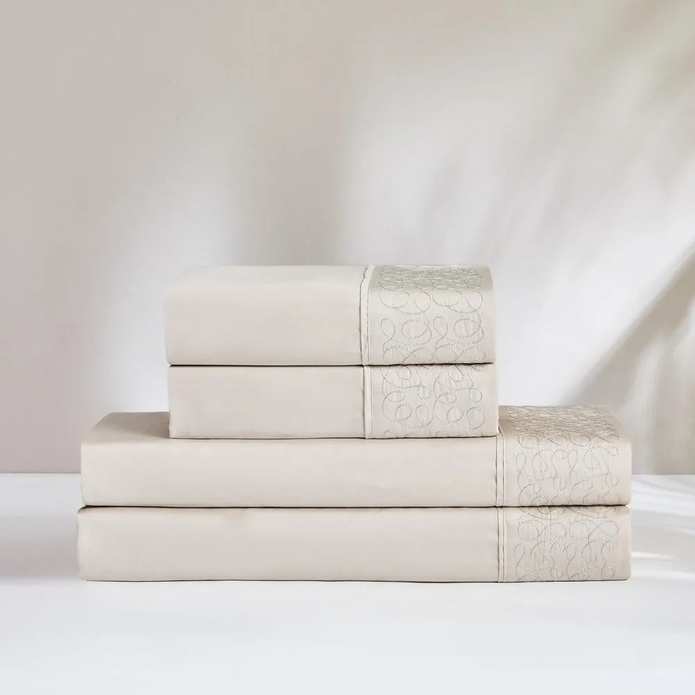 Lush Decor x Chuks Collins Path Cotton Sheet Set 4 Piece Set Queen Cream - Queen Bed Sheets- Cotton - Off White - Luxury
