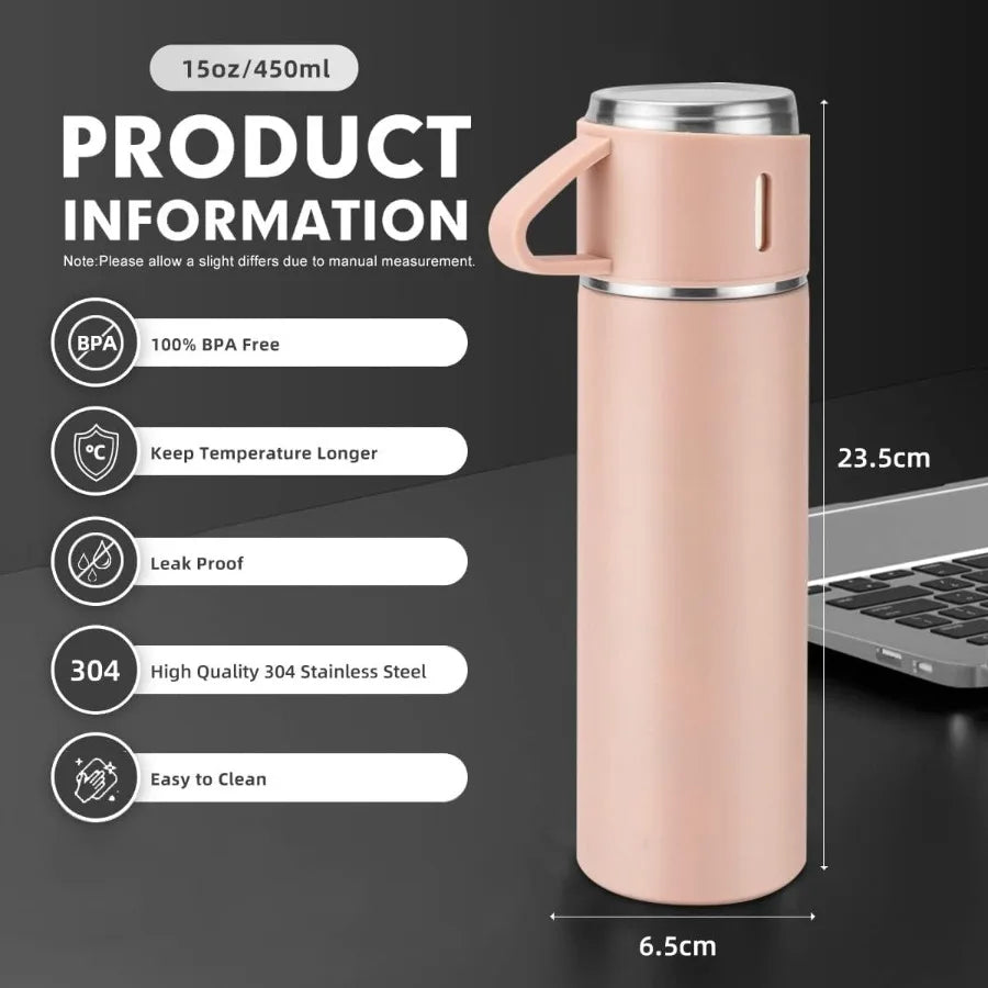 VacuumInsulated Stainless Steel Coffee Thermo Bottle for Travel 16oz Insulated Mug with ThreeCup Set for Hot and Cold Drinks Id