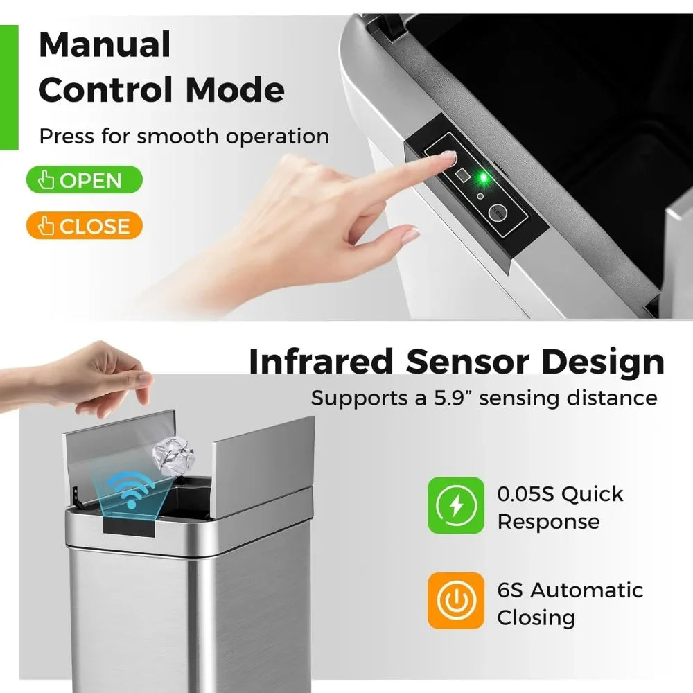 Slim Kitchen Trash Can With Wing Lids 13.2 Gal Automatic Sensor Stainless Steel