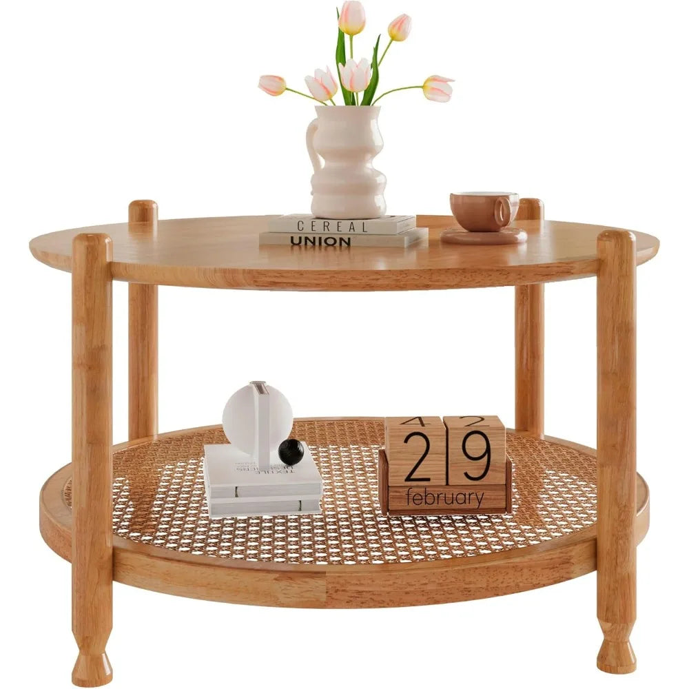 32 Inch Round Rattan Coffee Table Two Tier Storage Shelf