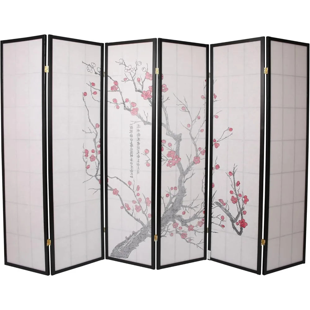 Six Panel Plum Blossom Screen Portable Foldable Shoji Style Room Divider Freestanding Privacy Screen