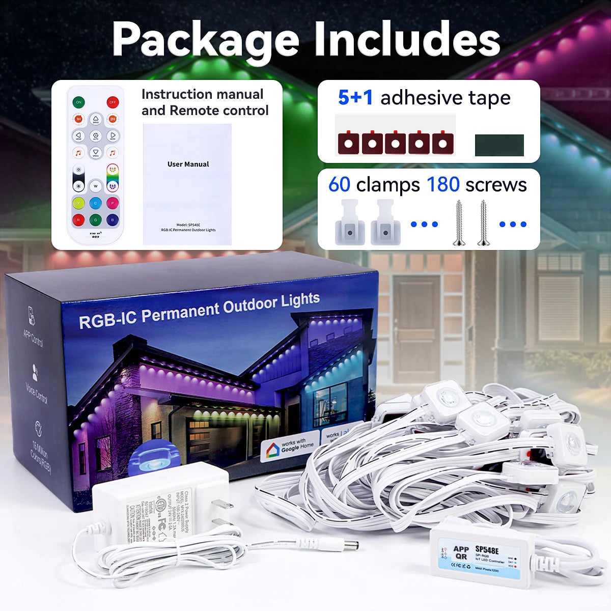 Aiopp Permanent Outdoor Lights 100ft Smart RGBIC Lights IP68 Waterproof 60 LED