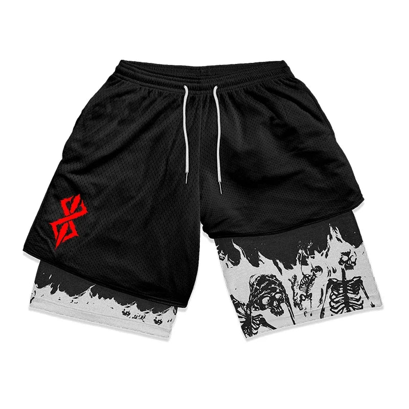 Berserk Skull Print 2 In 1 Running Shorts For Men Quick Dry Gym Activewear