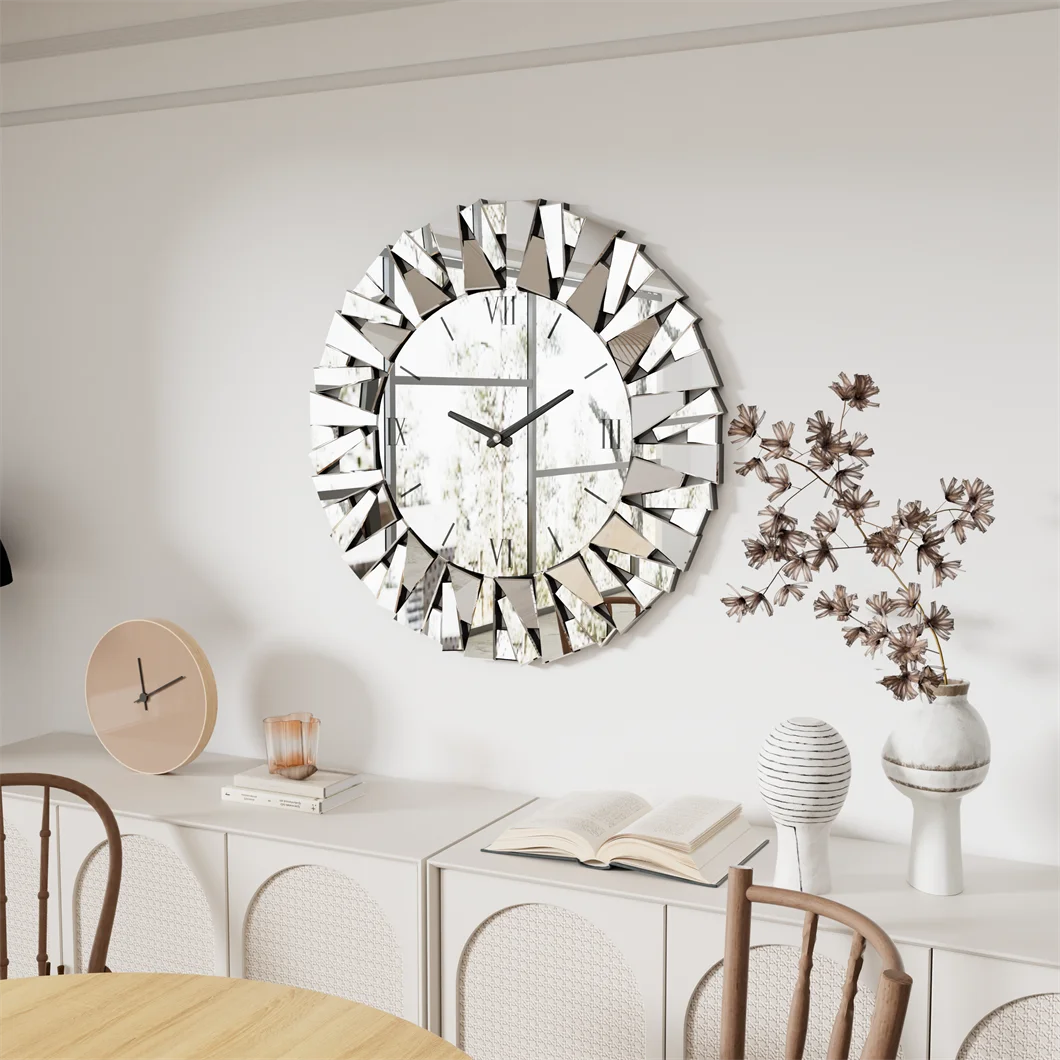 Large Wall Clock 3D Mirrored Sunburst Edge 32 Inch Round Roman Numeral Modern Living Room Dining Room Fireplace Decor