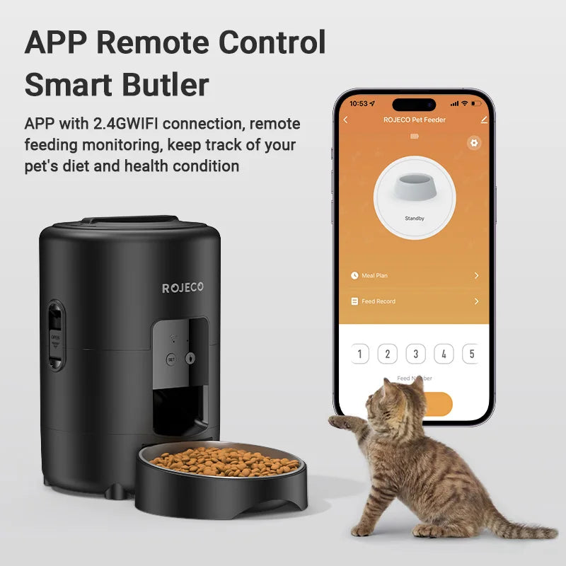 ROJECO Automatic Cat Feeder 2L Smart Kibble Dispenser With WiFi App Remote Control For Cats And Dogs