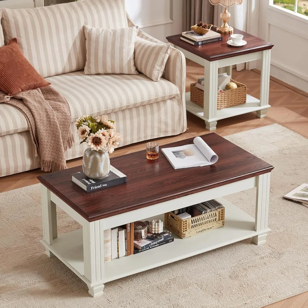 Farmhouse Coffee Table Set of 3 Rustic Wooden Living Room Table Set End Tables with Open Shelf