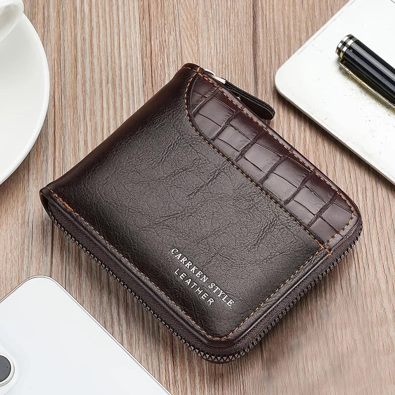 New Short Men Zipper Wallet With Coin Pocket Luxury Patchwork Stone Pattern Retro Purse Quality ID Card Holder For Men