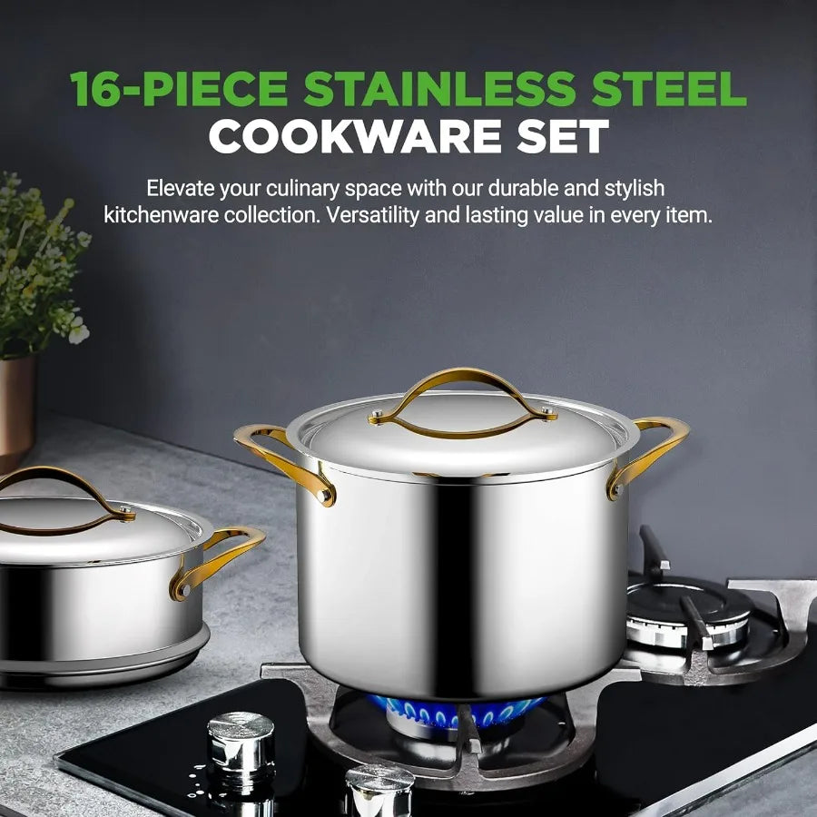 16 Piece Stainless Steel Cookware Set Pots and Pans with Nylon Utensils Nonstick