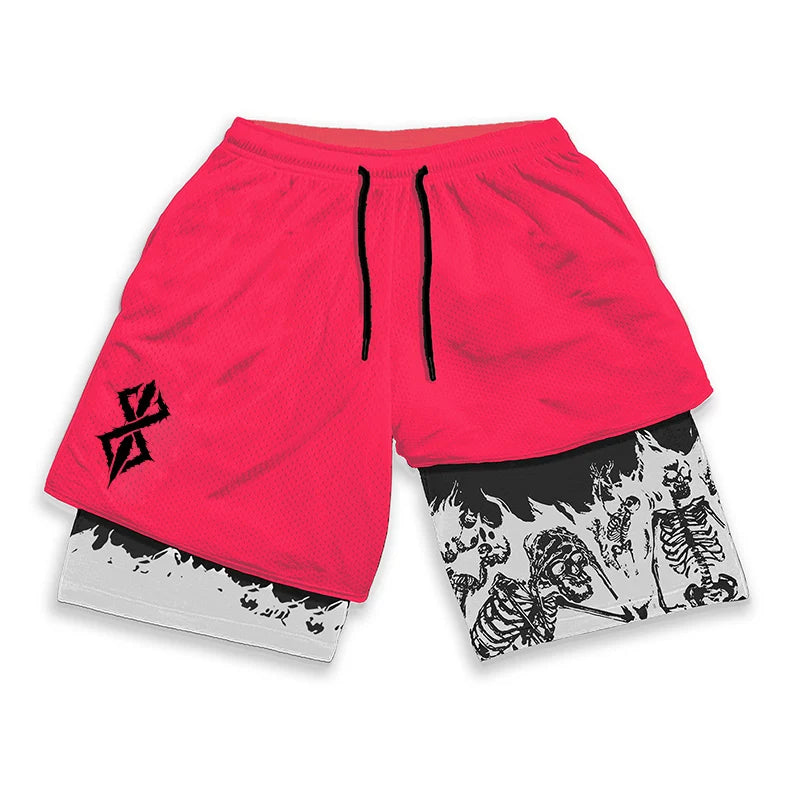 Berserk Skull Print 2 In 1 Running Shorts For Men Quick Dry Gym Activewear