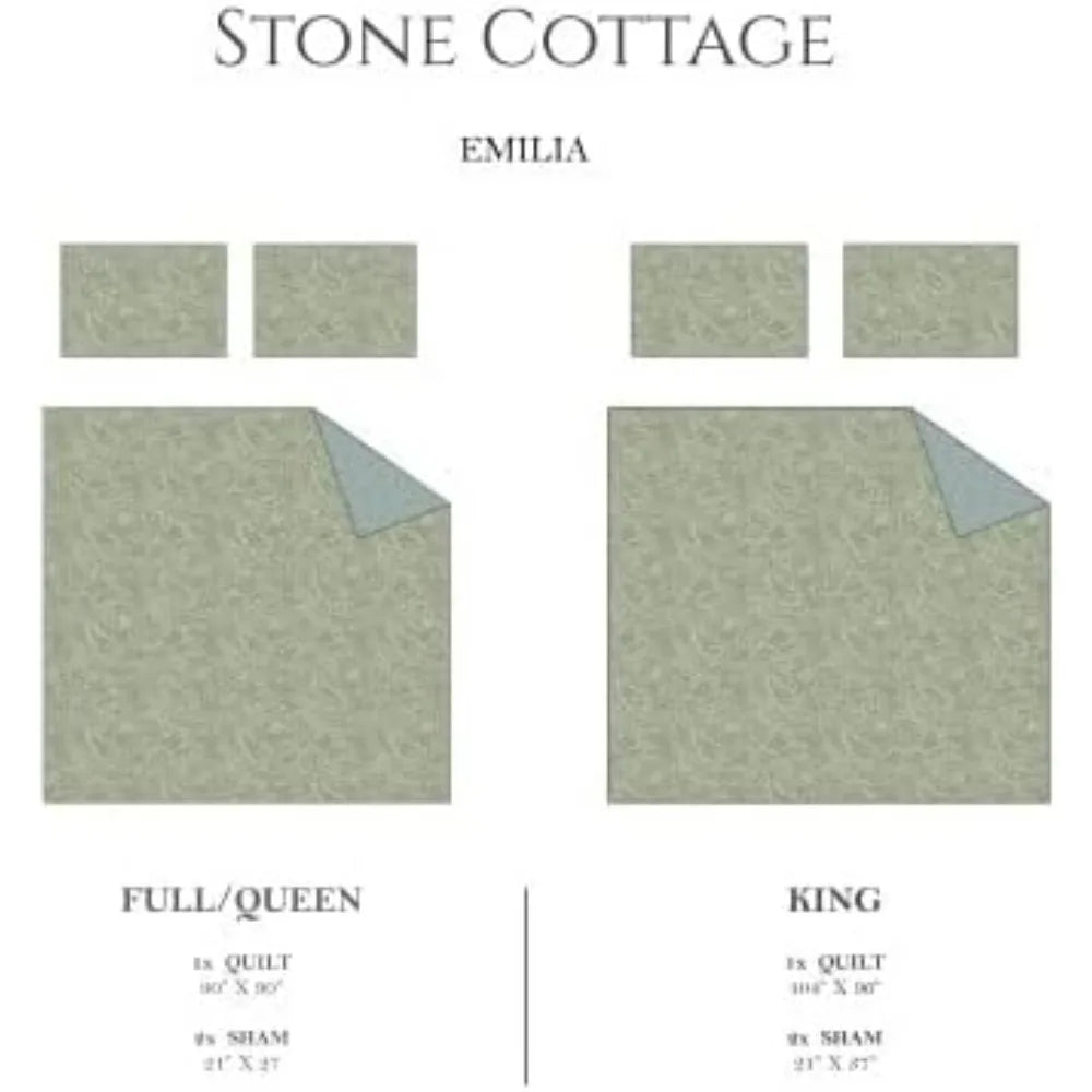 Cotton Reversible Queen Quilt Set with Matching Shams, Emilia Green, Suitable for Full/Queen Beds