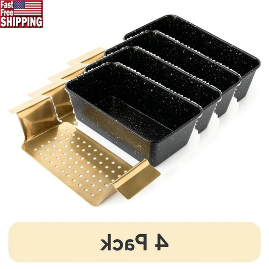 4 Pack Non Stick Loaf Pan Set With Gold Stainless Steel Trivet Innovative Bakeware For Perfect Bread And Meatloaf