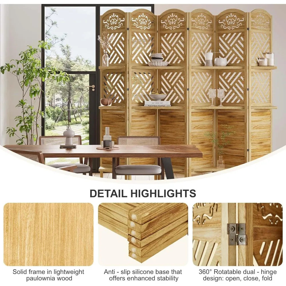 Natural Wood Carved Folding Screen 6 Panel Double Hinges