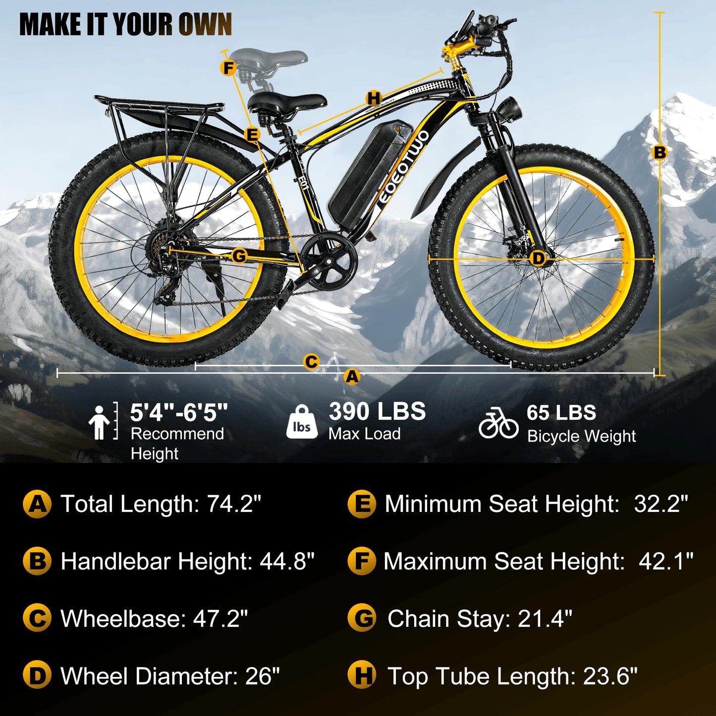 Electric Mountain Ebike 1500W 34MPH 60 Mile Range Fat Tire