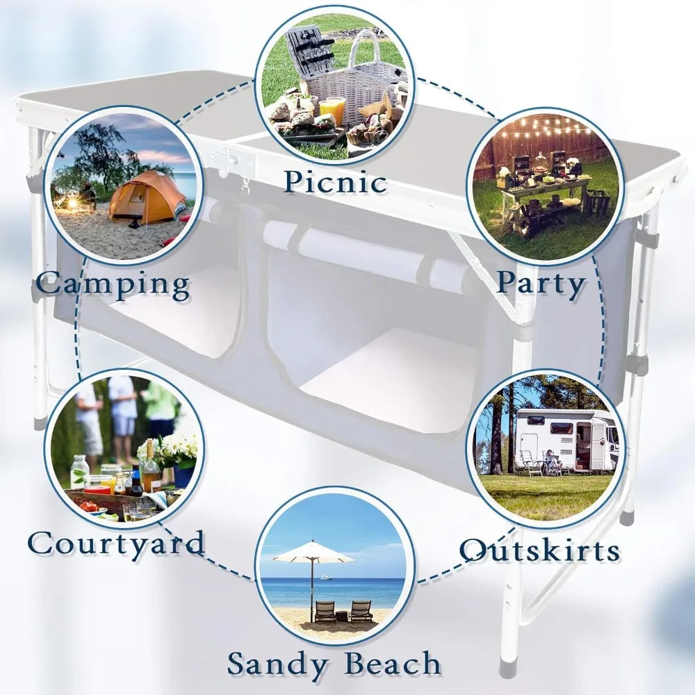 Aluminum Folding Outdoor Table Lightweight Adjustable Height With Storage